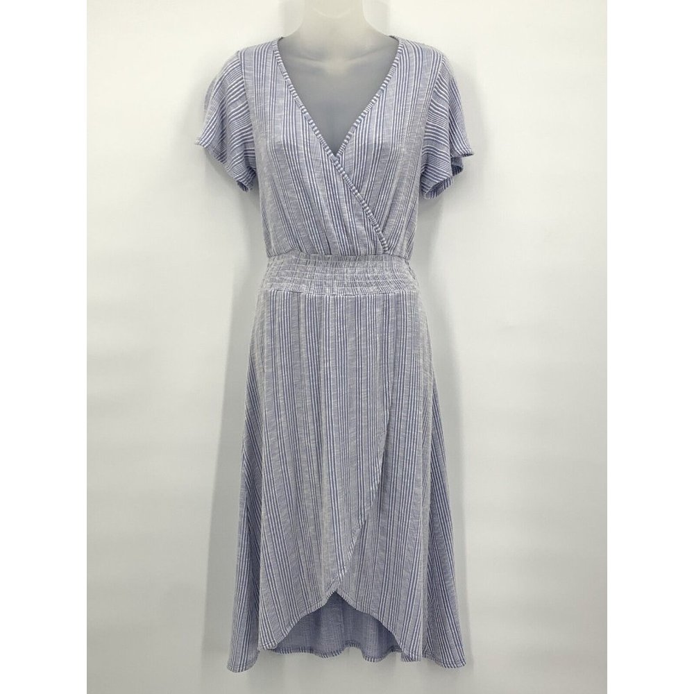 Caution to the Wind Dress Small Blue White Stripe Maxi V Neck Short Sleeve